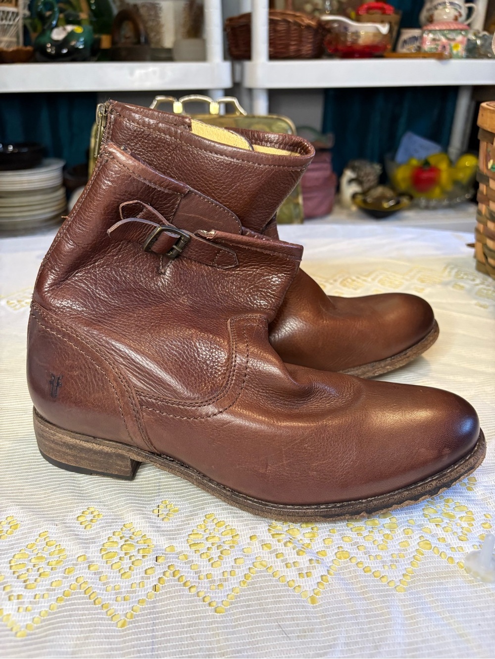 Frye Brown Leather Ankle Boots with Side Buckle